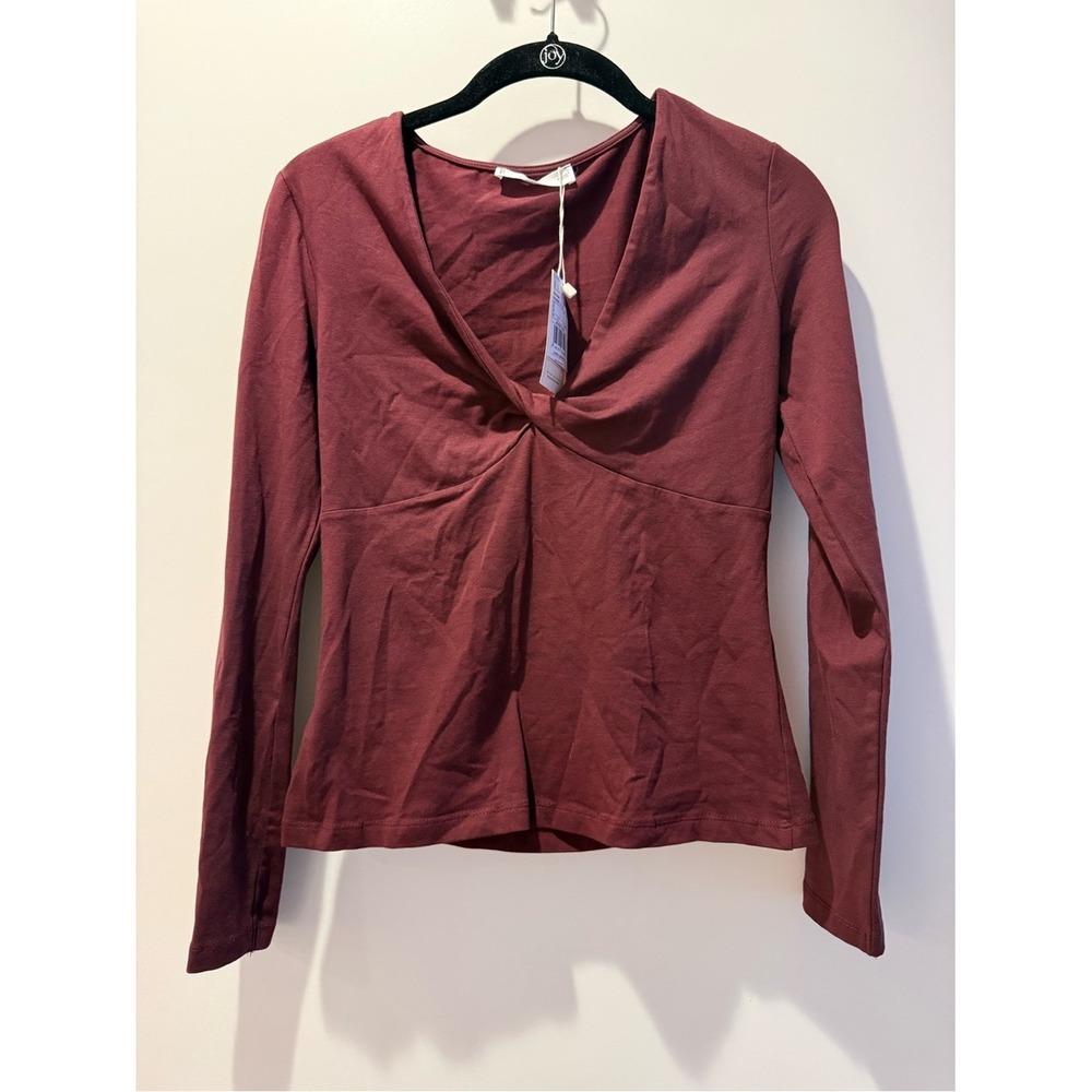 Mango MNG Twist-Front Long Sleeve V-Neck Top Wine Red Camiseta 208MINERVA Small